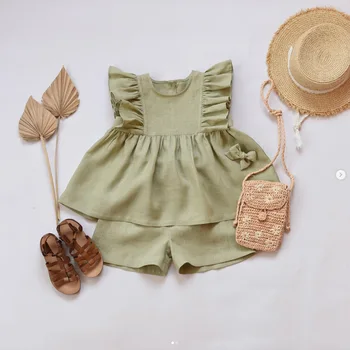 2024 ins Cotton and linen baby girl suit summer sleeveless vest skirt top + shorts girls' two-piece set