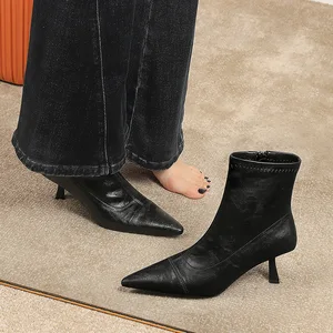 Women's Retro 2738-2 Slim Ankle Boots  Pointed Toe Single Boots Thin Heels Versatile Elastic French Short Boots for
