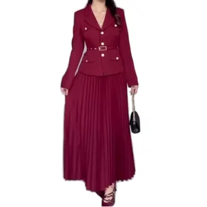 Customize Women's Fashionable Long Pleated Skirt Set Solid Color Lapel-Waisted Suit for Summer Casual Blazer Plain Dyed Worsted