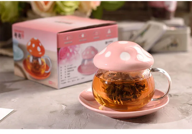 290ml Mushroom Glass Coffee Mug With Ceramic Cup Holder Reheatable Milk Cup  Afternoon Flower Tea Cu