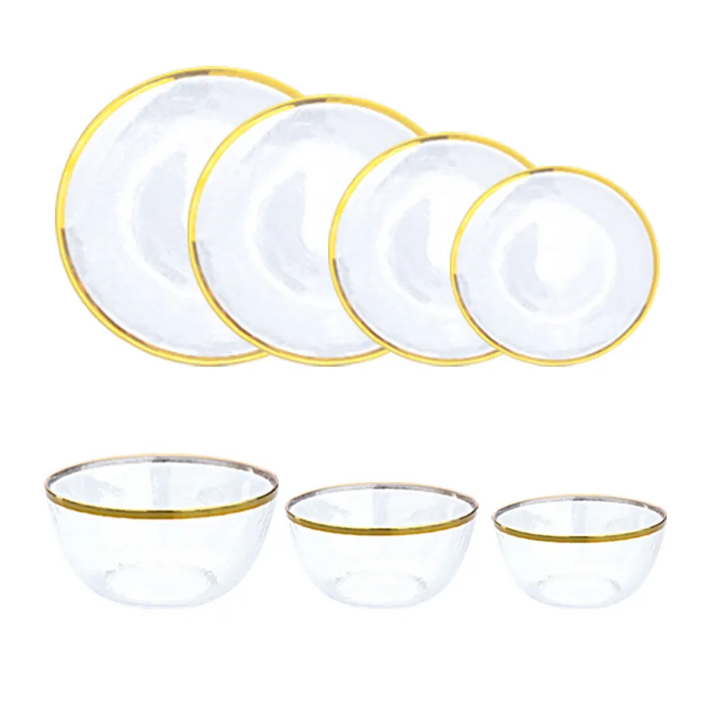 Modern Eco-Friendly Glass Dinner Set with Golden Rim Solid Pattern Design Includes Salad Plate and Dish Pack