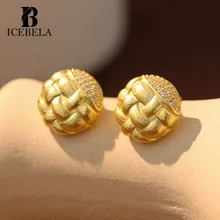 ICEBELA Fine Jewelry Women Braided Texture Earrings Italian Style Unique Design Mom's Gift Zircon Round Stud Earrings For Girls