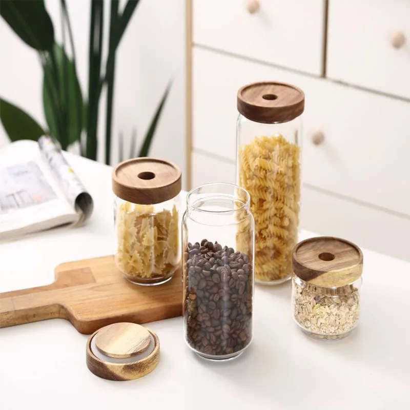 Coffee Bean Pasta Penne Storage Glass Canister Set Hermetic Glass Jars Container with Wooden Lids