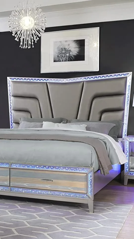 Modern Design Mirrored Furniture 5 Pcs Mirror King Size Beds Bedroom