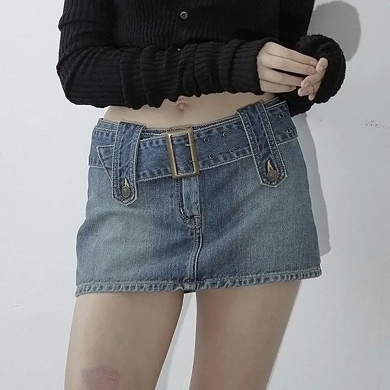 Hot Girl Style High Waist Slimming Metallic Belt Denim Skirt New 
