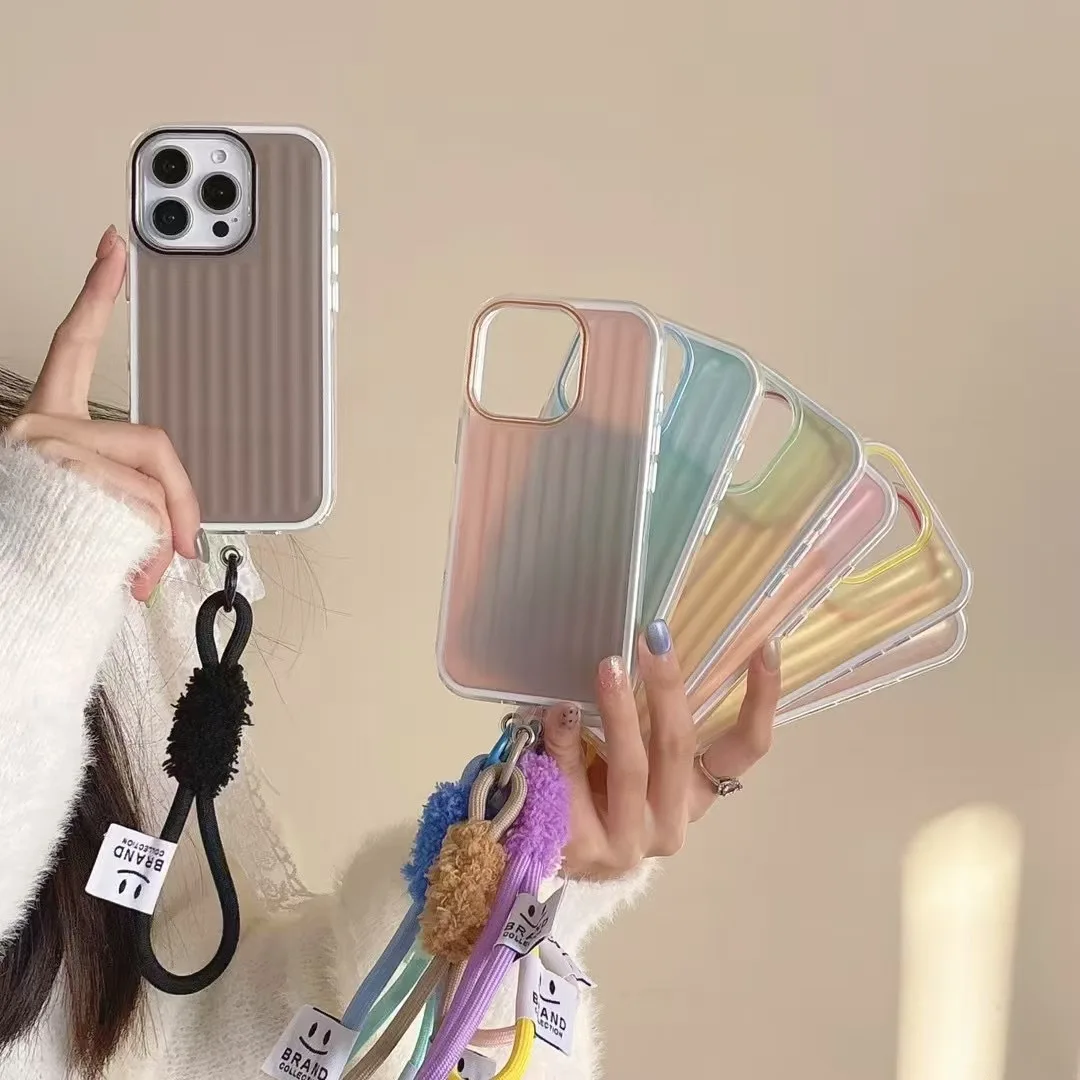 Luxury TPU+PC Phone Case for iPhone 16 Pro Max Shockproof Colorful Short Strap Hand Strap Back Cover High XS Max for iPhone 15 P