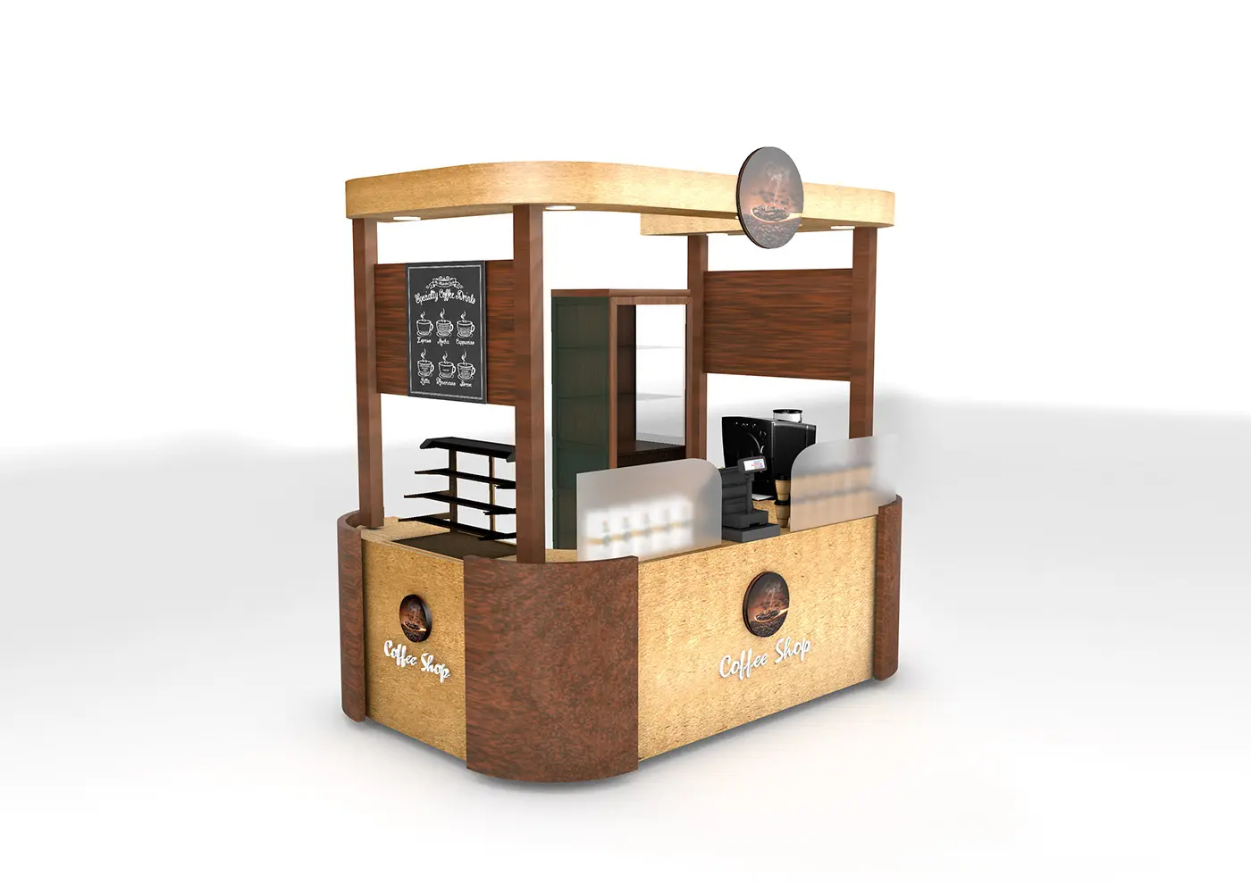 Wooden strip coffee kiosk mini cafe indoor booth design