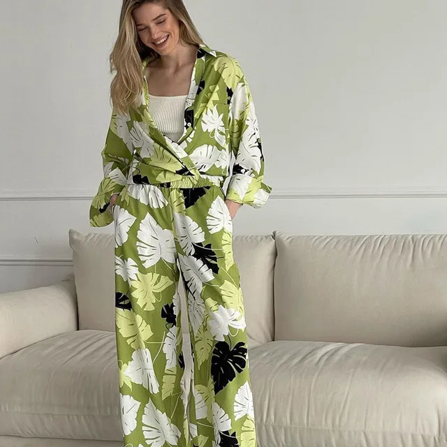 Luxury Ladies Autumn V neck Satin ice silk Floral Printed Long Sleeve pants Green pjs pyjama  party pajama pijamas set for women