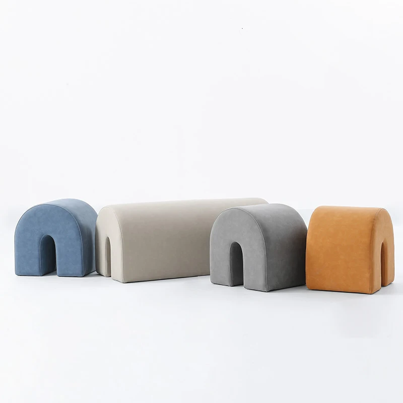 Modern Stools Design Accent Round U Seated Cloth Footstool Velvet  Base Lovely Blue Ottoman Stools