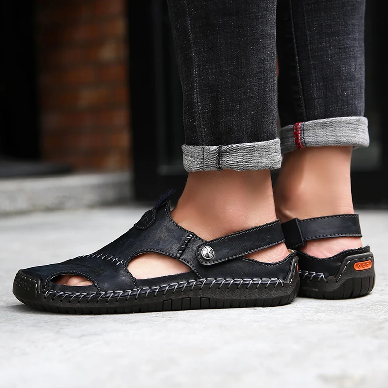 Sandals Fashion Mens Genuine Leather Summer Beach Slippers, Non