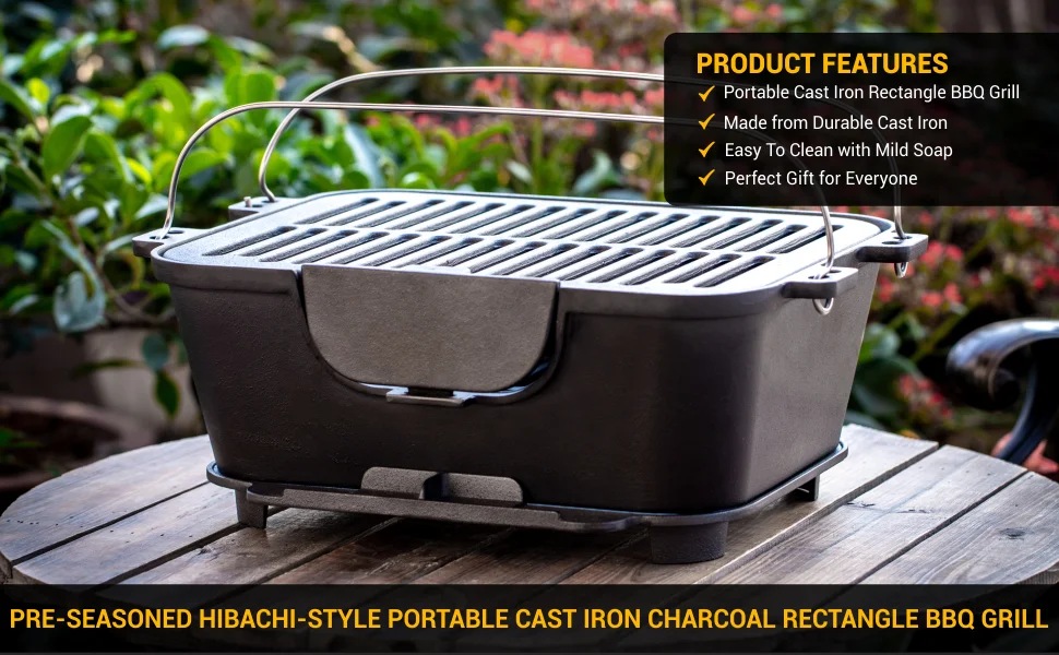 Bruntmor Pre-Seasoned Hibachi-Style Portable Cast Iron Charcoal