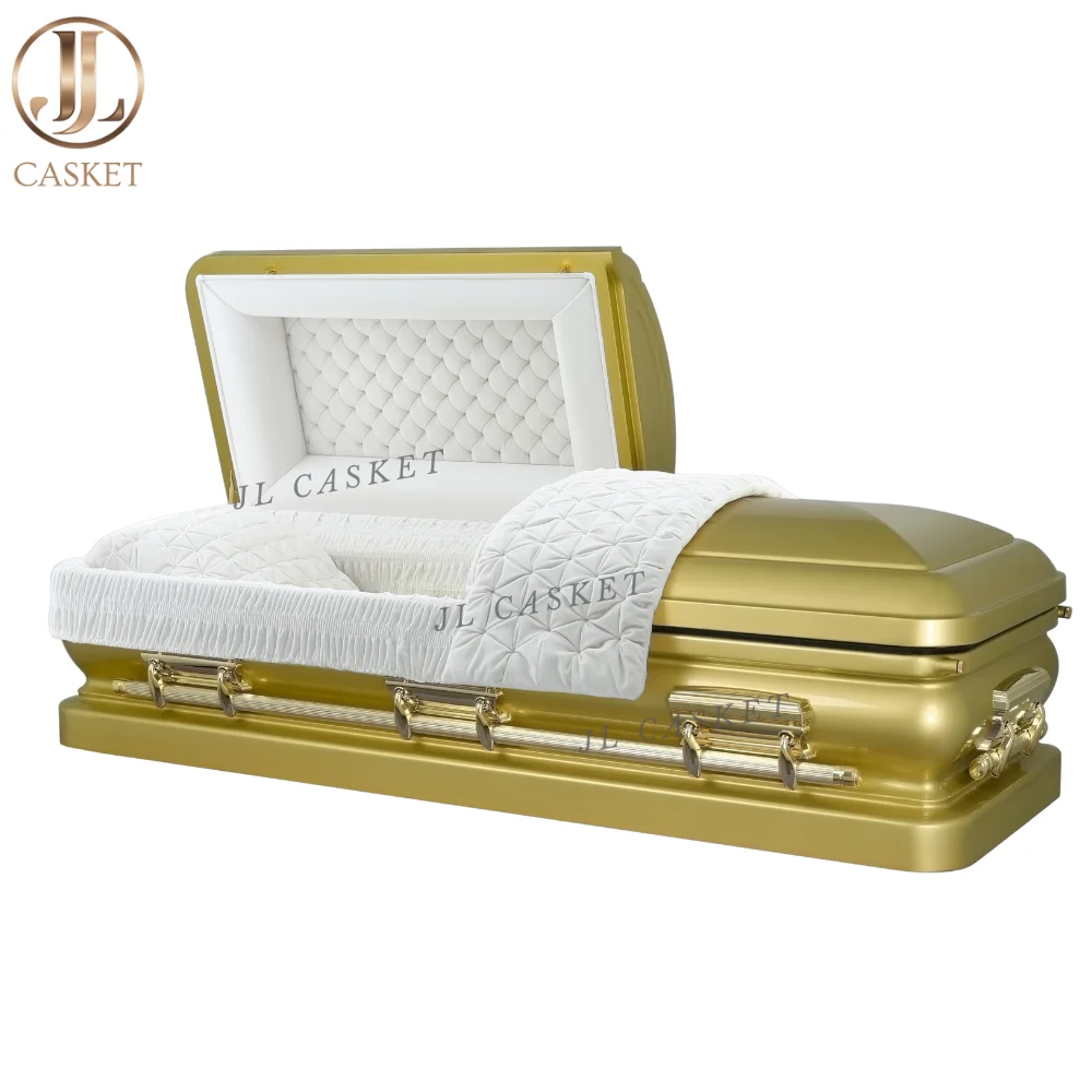 18 Gauge Steel Casket Gold Finish White velvet Interior Premium Funeral ...