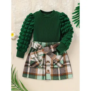 Girls' Plaid Clothing, Girls' Bubble Sleeves, Knitted Ribbed Shirt Top, Plaid Skirt Set, Children's Autumn and Winter Clothing