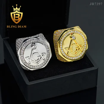 Vintage Stylish Hip hop Ring gold plated Freemason Masonry Men Ring brass Zircon Punk Masonic Diamond Ring