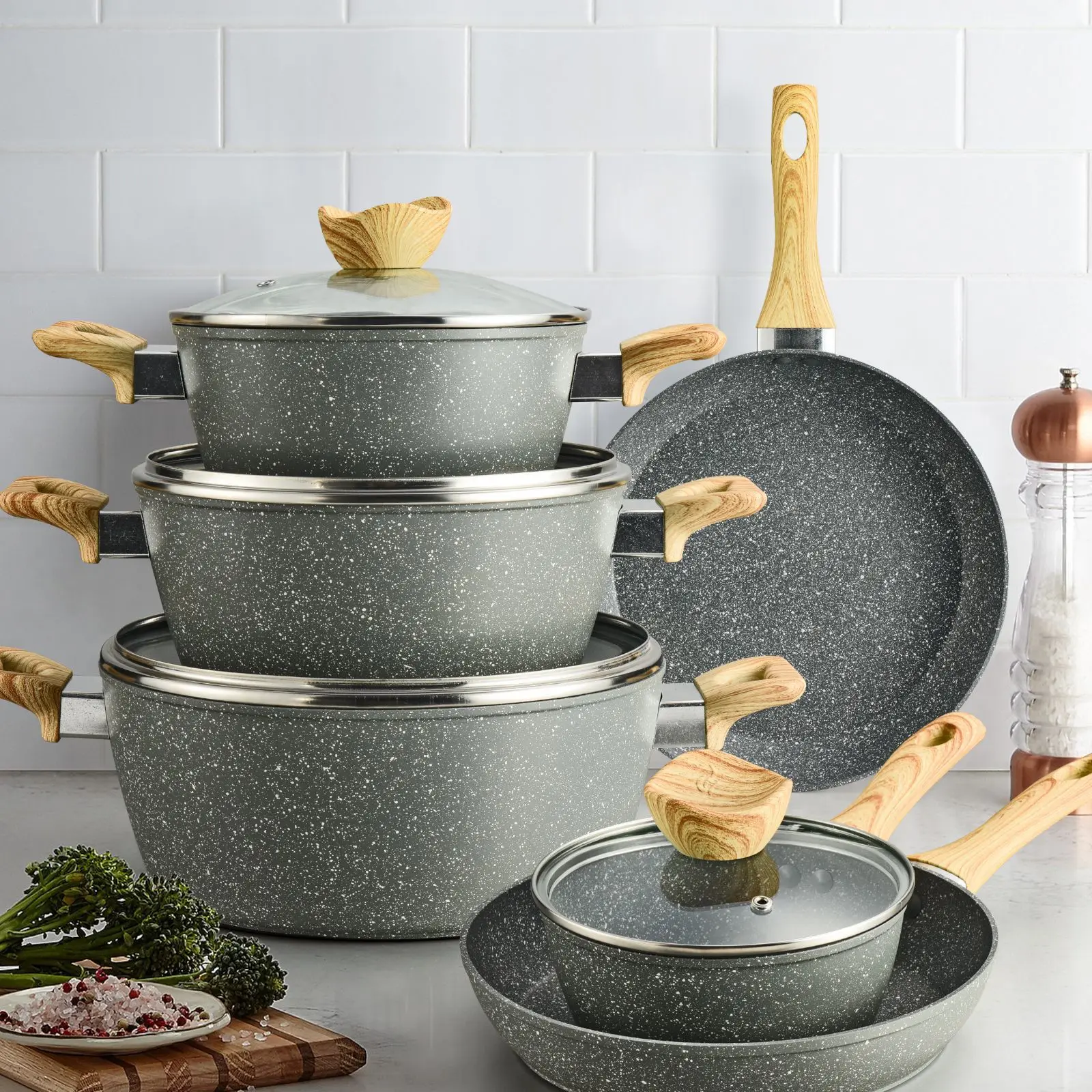 Medical Stone Wok Marble Non-Stick Frying Pan Milk Pot Soup Pot Household 10-pcs Pot Set Suitable For LPG & Induction Cooker