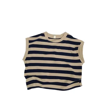 Baby boys and girls clothing striped vest 2024 summer new thin fashion style loose casual organic cotton sleeveless top