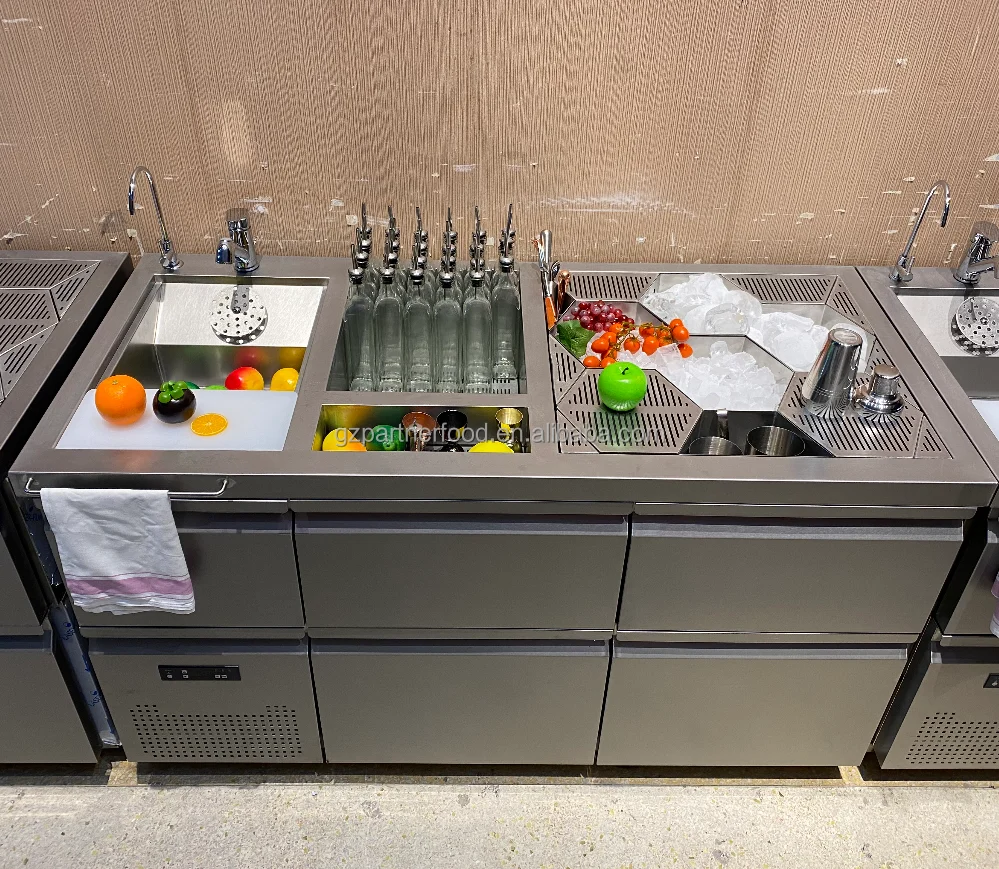 Stainless Steel Cocktail Station With Drawer Fridge Under Bar Bartender