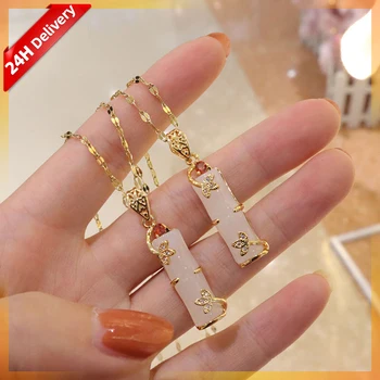 HOVANCI Real Gold Plated Stainless Steel Necklace Jewelry Exquisite Long Bamboo Shape Pink Natural Jade Pendant Necklace