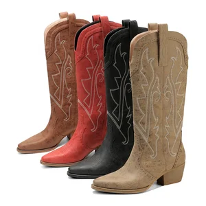 Women's Vintage Floral Pattern Knee-High Boots Western Pointed Toe Cowboy Design Height Increasing All Year Summer Friendly