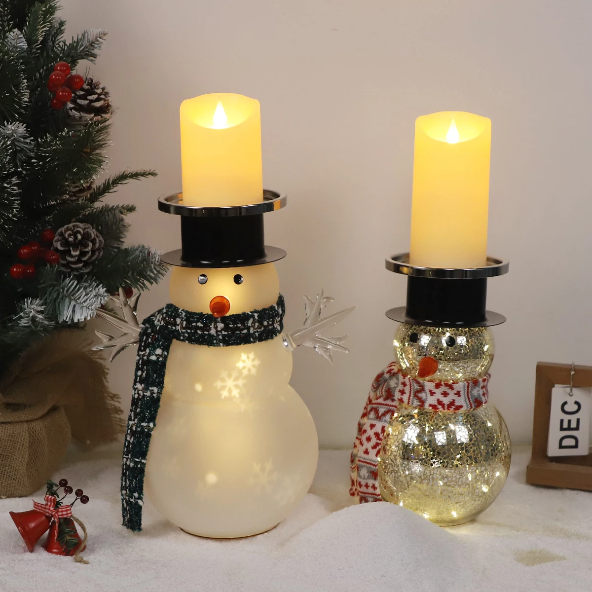 Big Snowman Iron Plate Candlestick Mercury Painted Handmade Glass Desktop Winter Indoor Wireless Lighted Cute Present For Kids factory