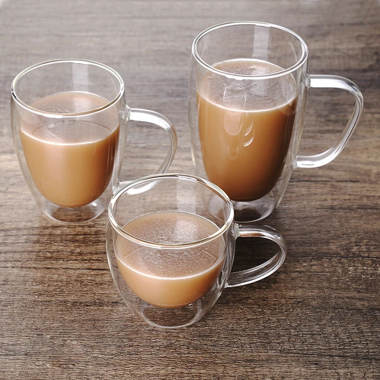 Manufacture custom multiple capacities double walled glass coffee cup mug with handle details