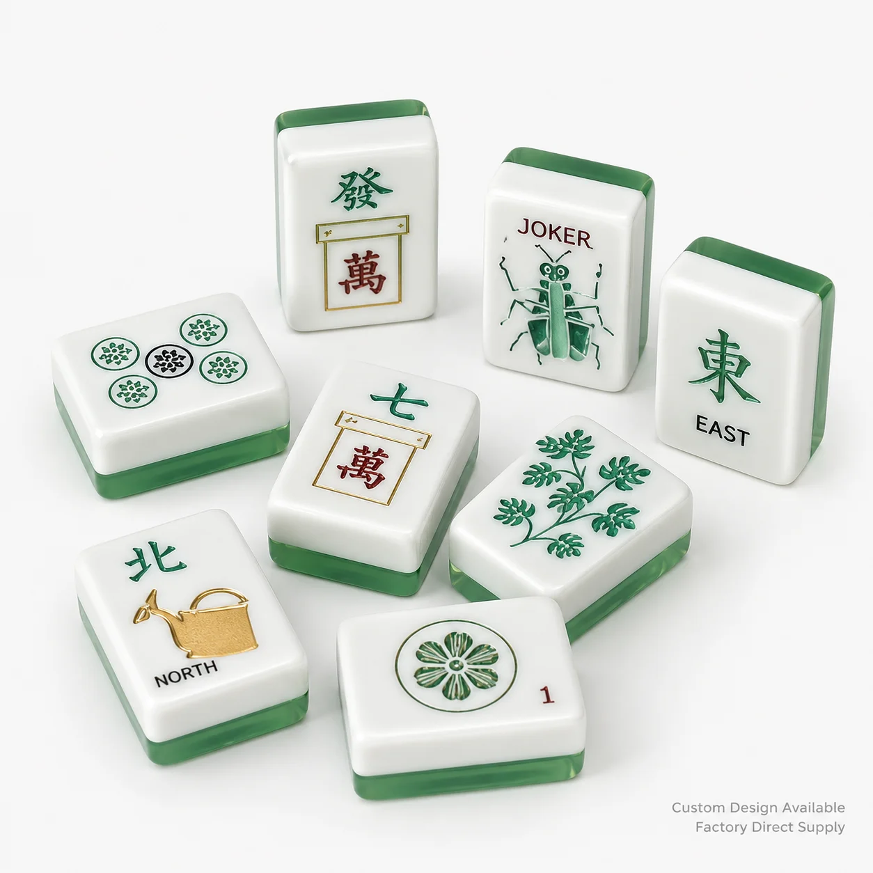 Premium Foldable Portable Jade Green Milky White Acrylic American Mahjong Set Hand-Carved Botanical Insect Pattern 160 Tiles