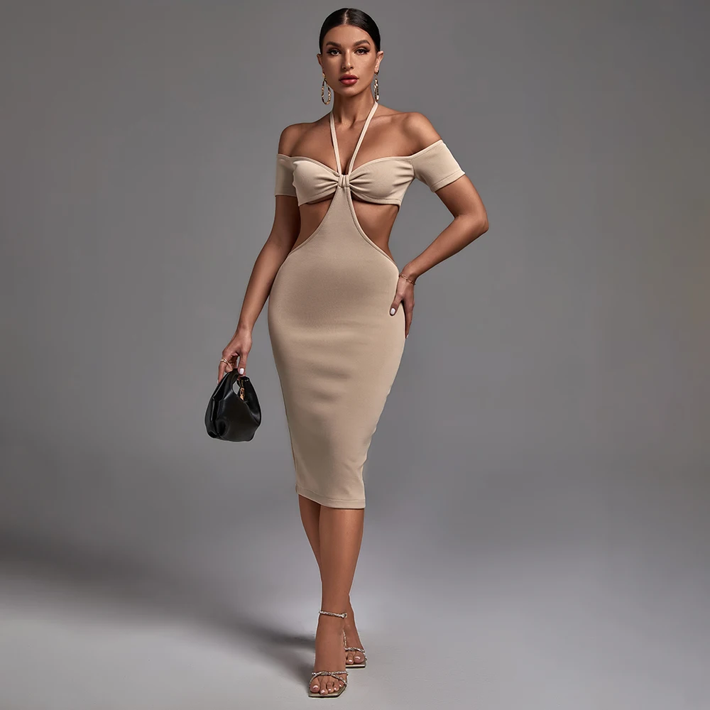 Summer Chic Dress Women Casual Fashion Halter Cut Out Midi Dress Backless Solid Color Off the Shoulder Dress