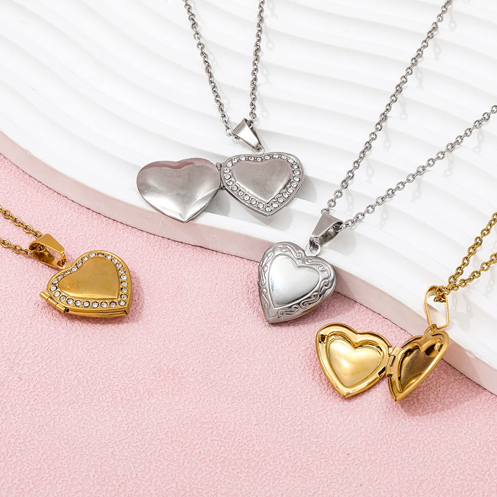 18k Gold Plated Zirconia Heart Locket Necklace Trendy Stainless Steel