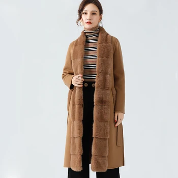 New Arrival Real Wool Coat With Mink Fur Trim Cashmere Jacket Handmade Women coat