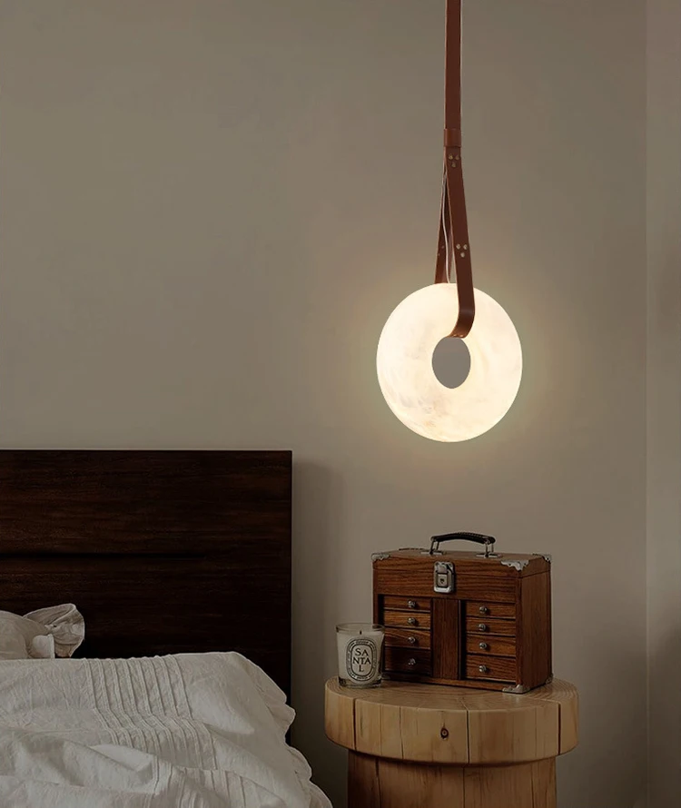 Nordic Suspension Natural Marble Ring Lighting Adjustable Height Chandelier Bedside Copper Pendant Lamp