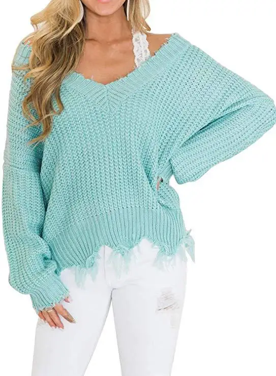 Suéter de otoño tejido Irregular personalizado para mujer, suéter con cuello en V, Top suelto con hombros descubiertos, suéter de lana informal salvaje