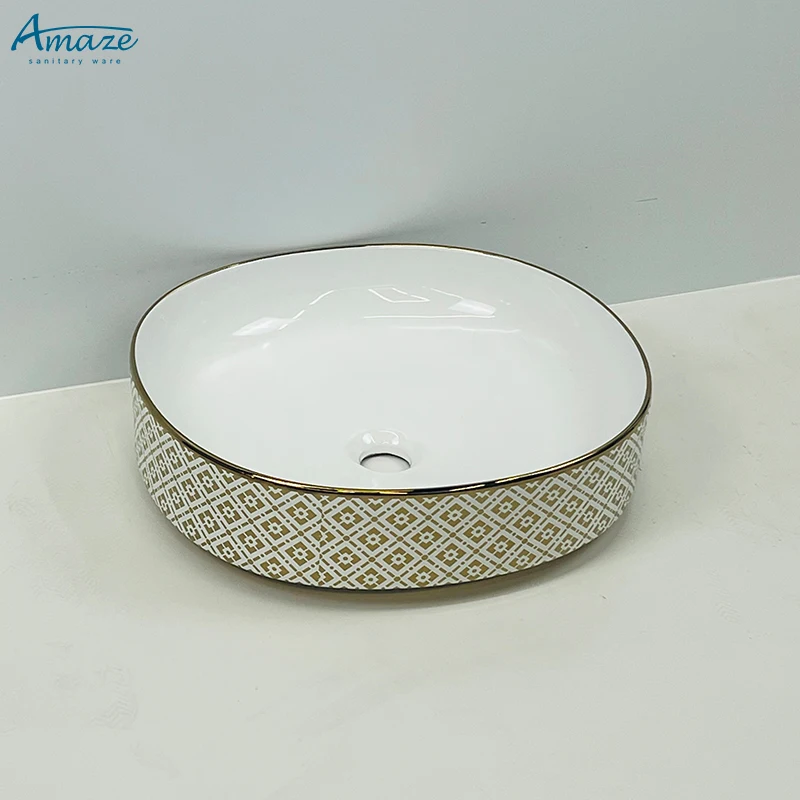 Good quality washroom wc sanitary ware white gold plating pattern ceramic lavabo counter top wash basin sink factory