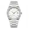 silver watch with white dial