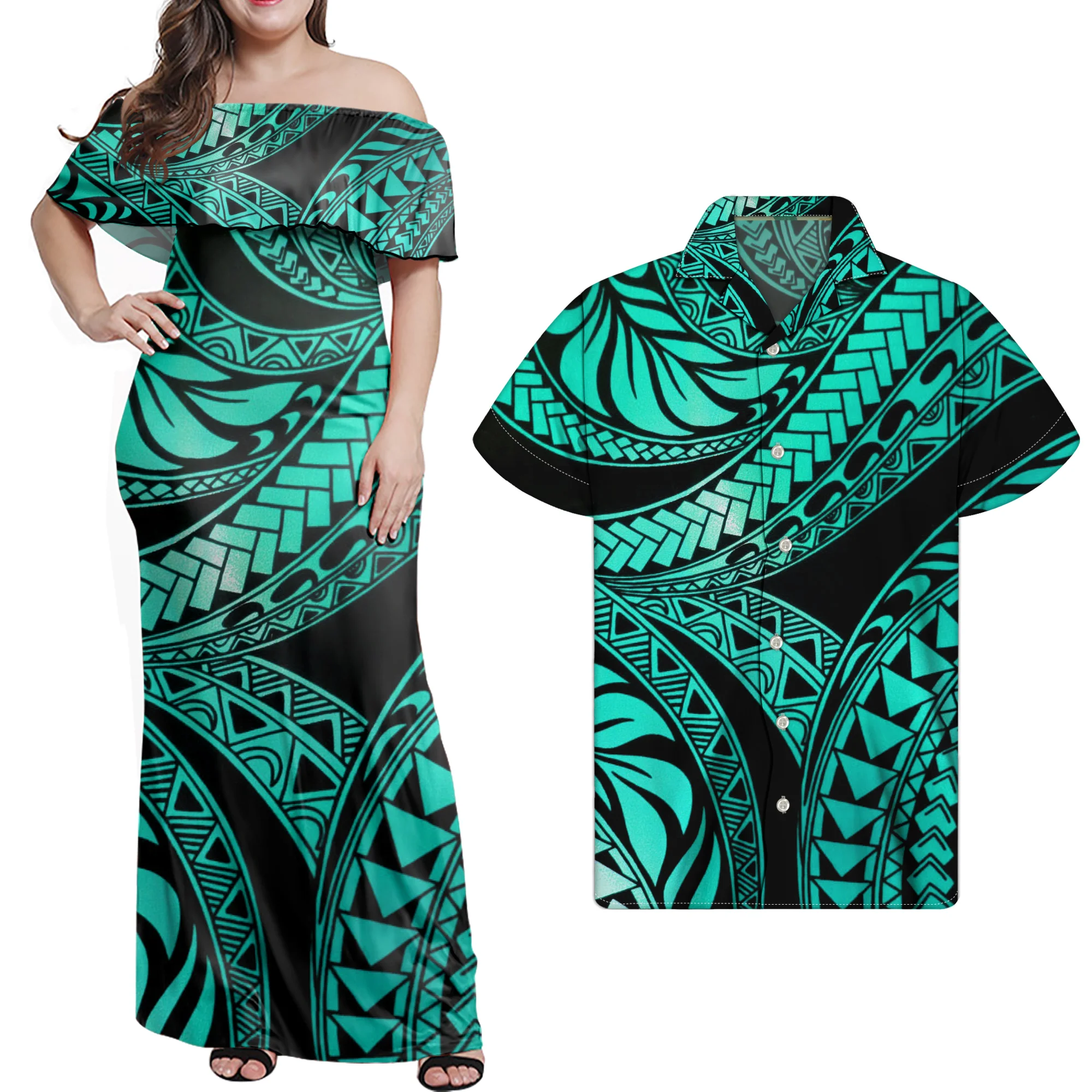Vintage Polynesian Samoa Tribal Print Custom Oversized Couple Outfits Women Sexy Off Shoulder Dresses with Men Shirts Outdoor