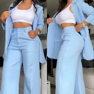 2026 European American Casual Style Women's Elegant Solid Pattern Suit Pure Color Split Sleeve Lapel Top Button Straight Canvas