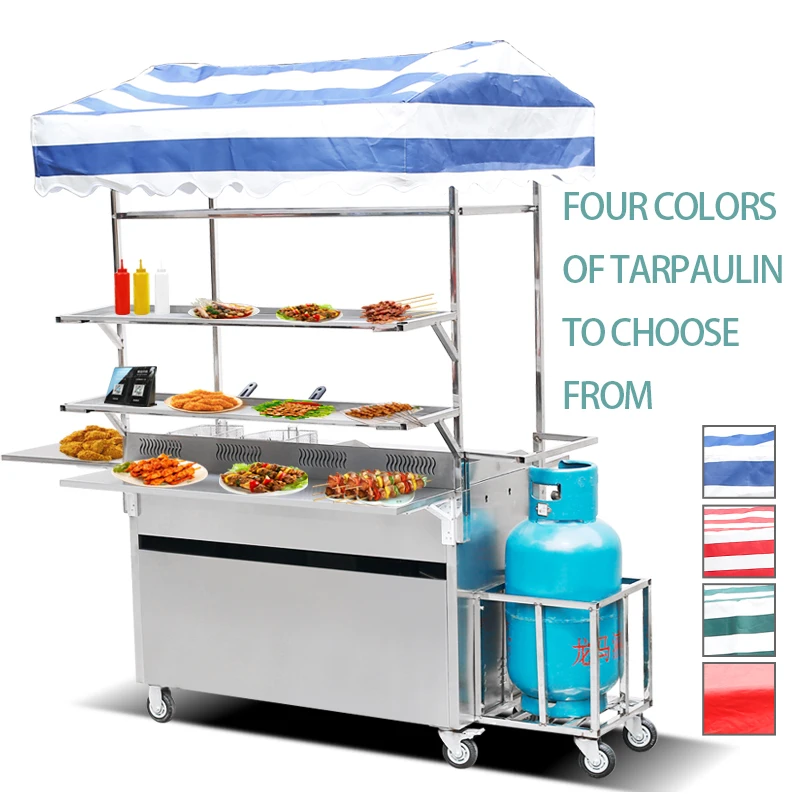 Convertible Hand Trucks Gas Mobile Snack Cart Food Trailer Mobile Stall Grill Plate Warmer Cart Outdoor Rolling Moving Food Cart