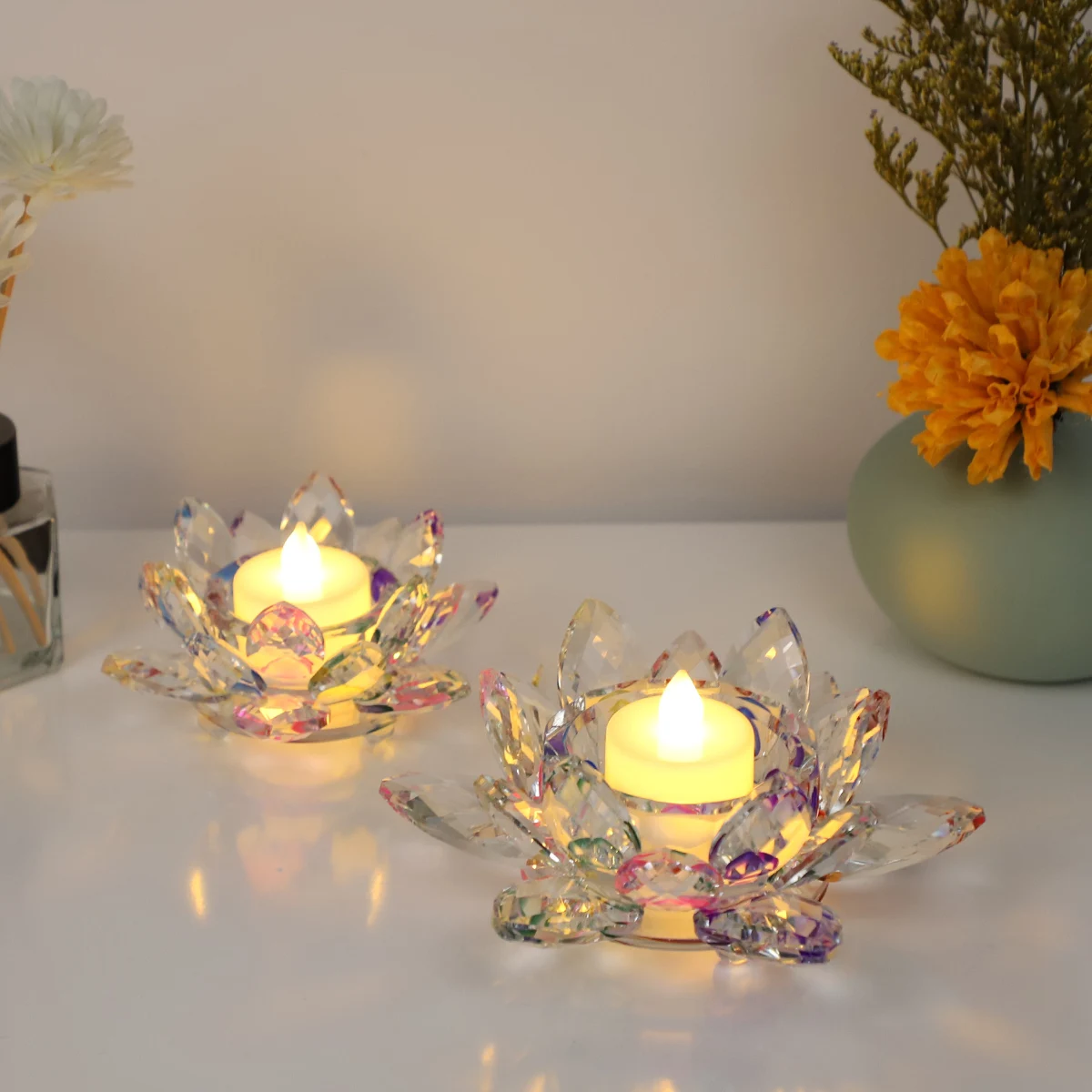 Vintage Luxury Multi-color Lotus Figurine Tealight Candle Holder Crystal Votive Candle Holder details