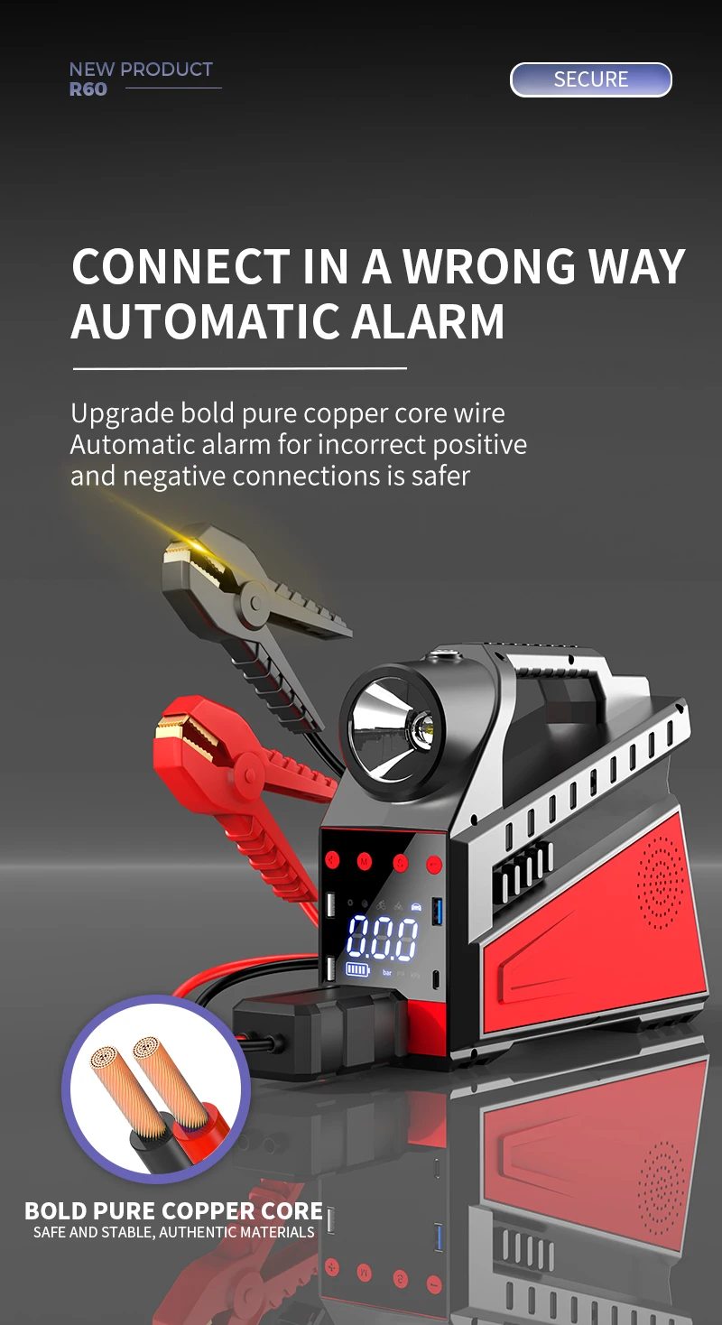 New 4 in 1 Portable Emergency Jump Starter Tyre air Pump with Power Bank air Compressor Car Inflator with LED Light