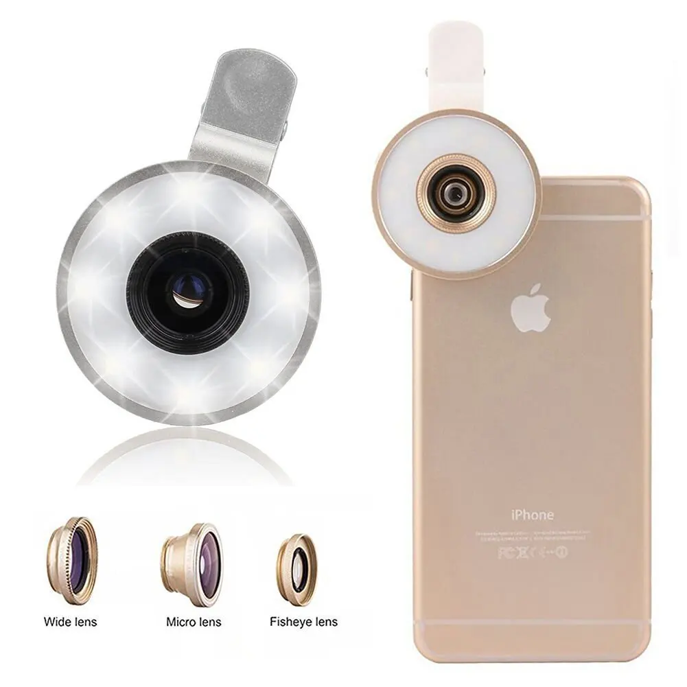 6 in 1 Universal Multi LED Selfie Flash Light Wide Angle Camera Clip Lens