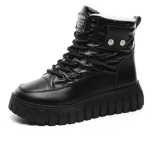 Women's New Solid Color Sports Leisure Shoes Waterproof Flat Middle Top Velvet Warm Heightening Platform down Cloth Material