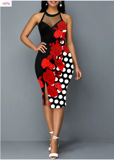 Summer Women Floral Print Side Slit Polka Dot Dress - Buy Polka Dot ...