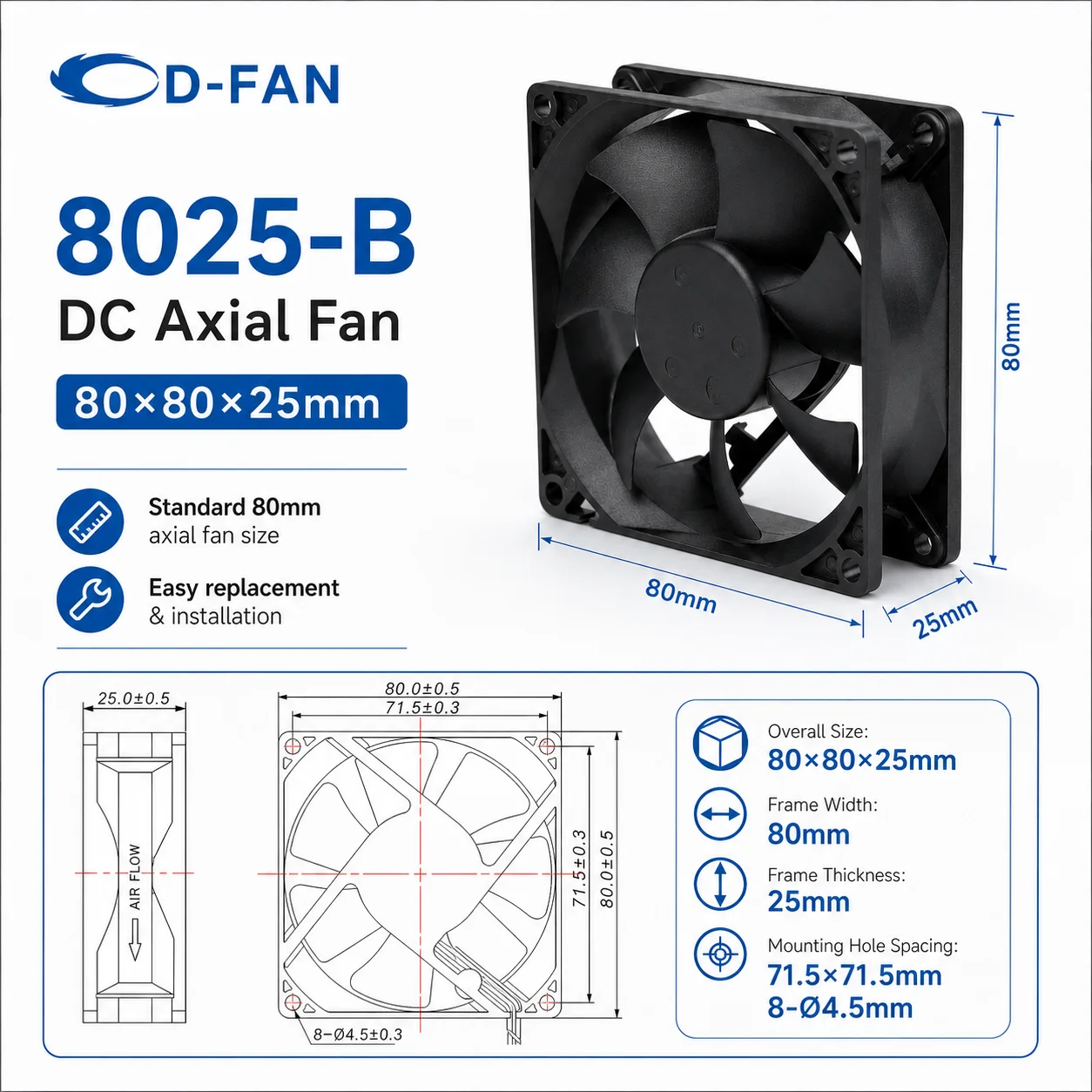8025 DC Axial Fan 80x80x25mm 12v CE UL 3000rpm Ip68 Brushless Axial Fan