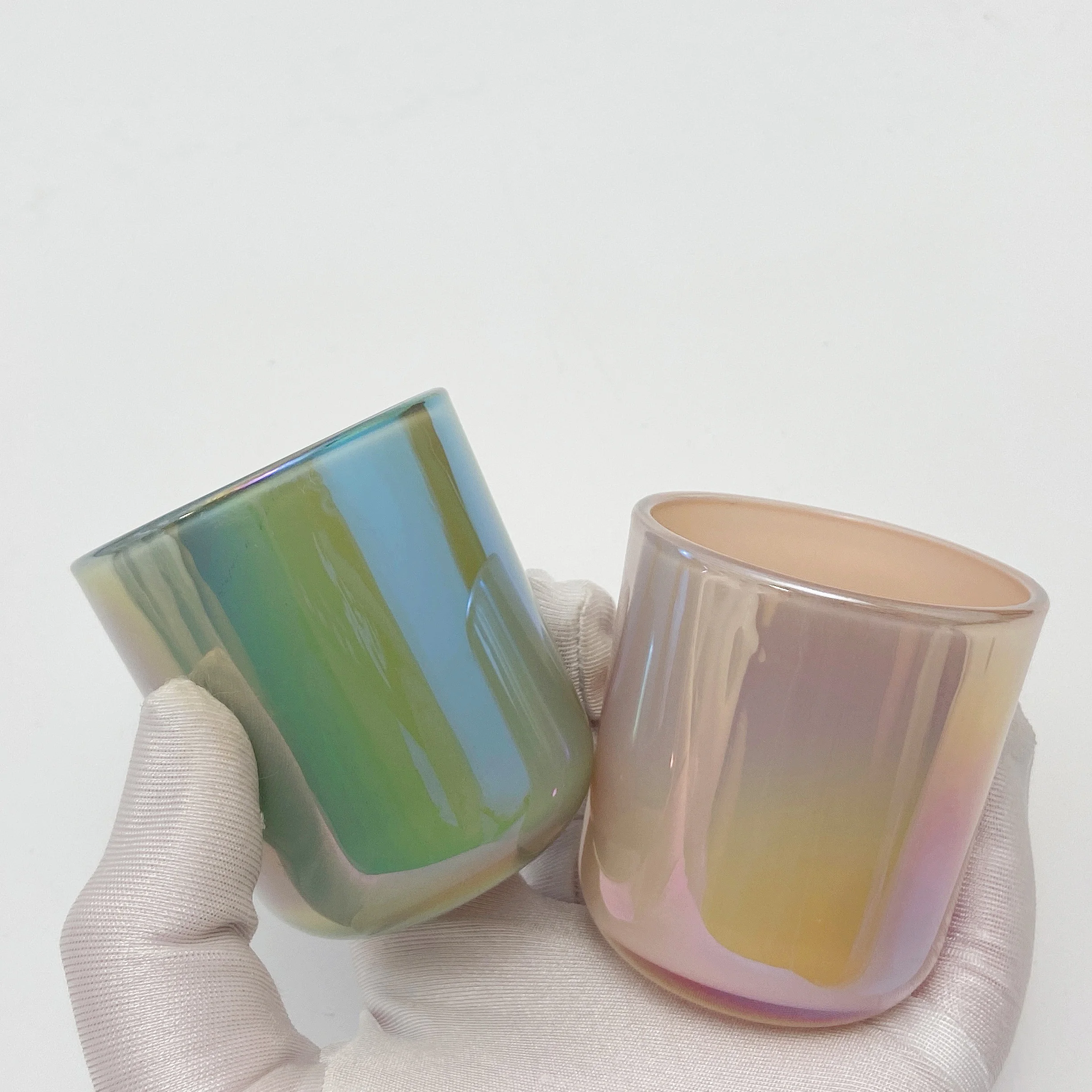 2.5OZ 8OZ Small Size Iridescent Tealight Candle Glass Jar Blush Sage Mermaid Aura Glass Vessels