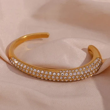 Dropshipping PVD Gold Plated Jewelry Baguette Zircon Stainless Steel Bangles Open Design Bangles Jewelry Women