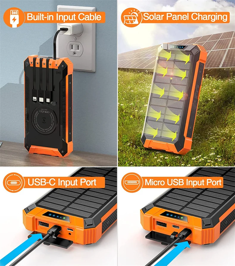 OEM Logo Portable Solar Fast Charger Dual USB External Backup Battery Waterproof Wireless Modem LED Light Logo High Capacity MAH