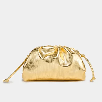 2024 China Wholesale Fashion Luxury Fancy Pleated Cloud Wedding Party Hand Bag Purse Women's Gold Leather Evening Clutch Bag