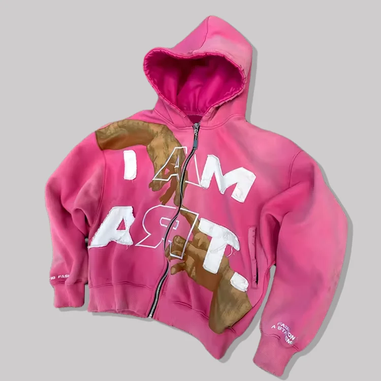 Custom Embroidered Printed Boxy Heavyweight Cropped Jogging Hoodie Distressed Acid Wash Zip up Satin Lined Hoodie for Men