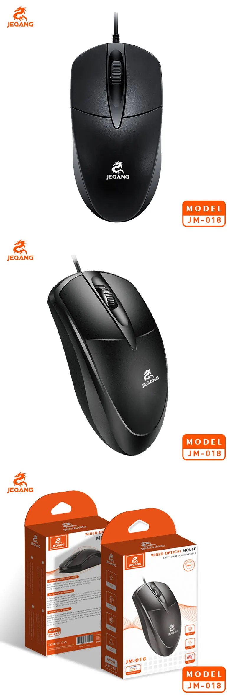 Jeqang Ergonomic Design Wired Optical Mini Office Mouse 3D Business Style Black USB Interface Gaming Stock PC Laptops Desktops