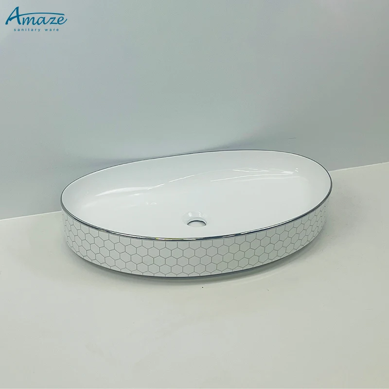 Good quality washroom wc sanitary ware white gold plating pattern ceramic lavabo counter top wash basin sink factory