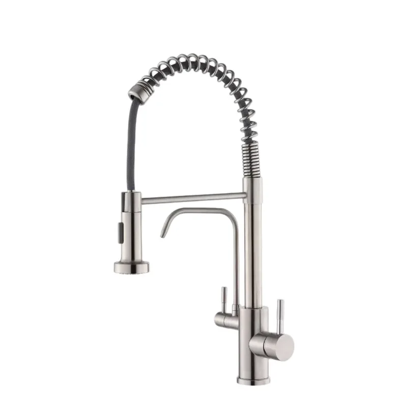 Commercial Brushed Nickel Spring Kitchen Faucet Pull Down Sprayer Dual Spout 3 in 1 Pure Water Filter Tap OEM Laser Logo